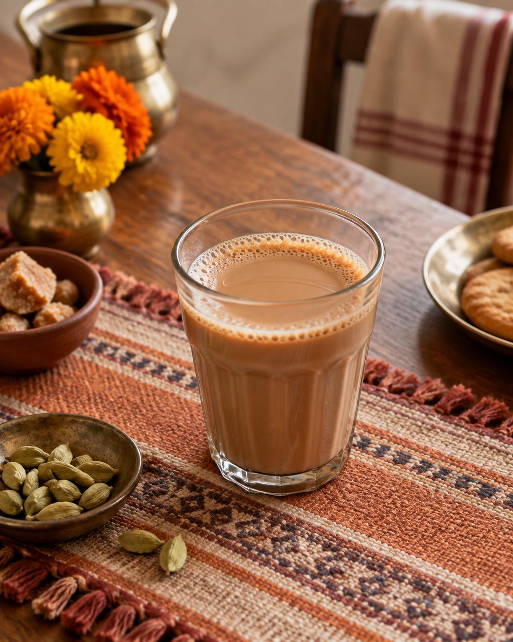 A glass of chai resting on a handwoven runner at a family table
